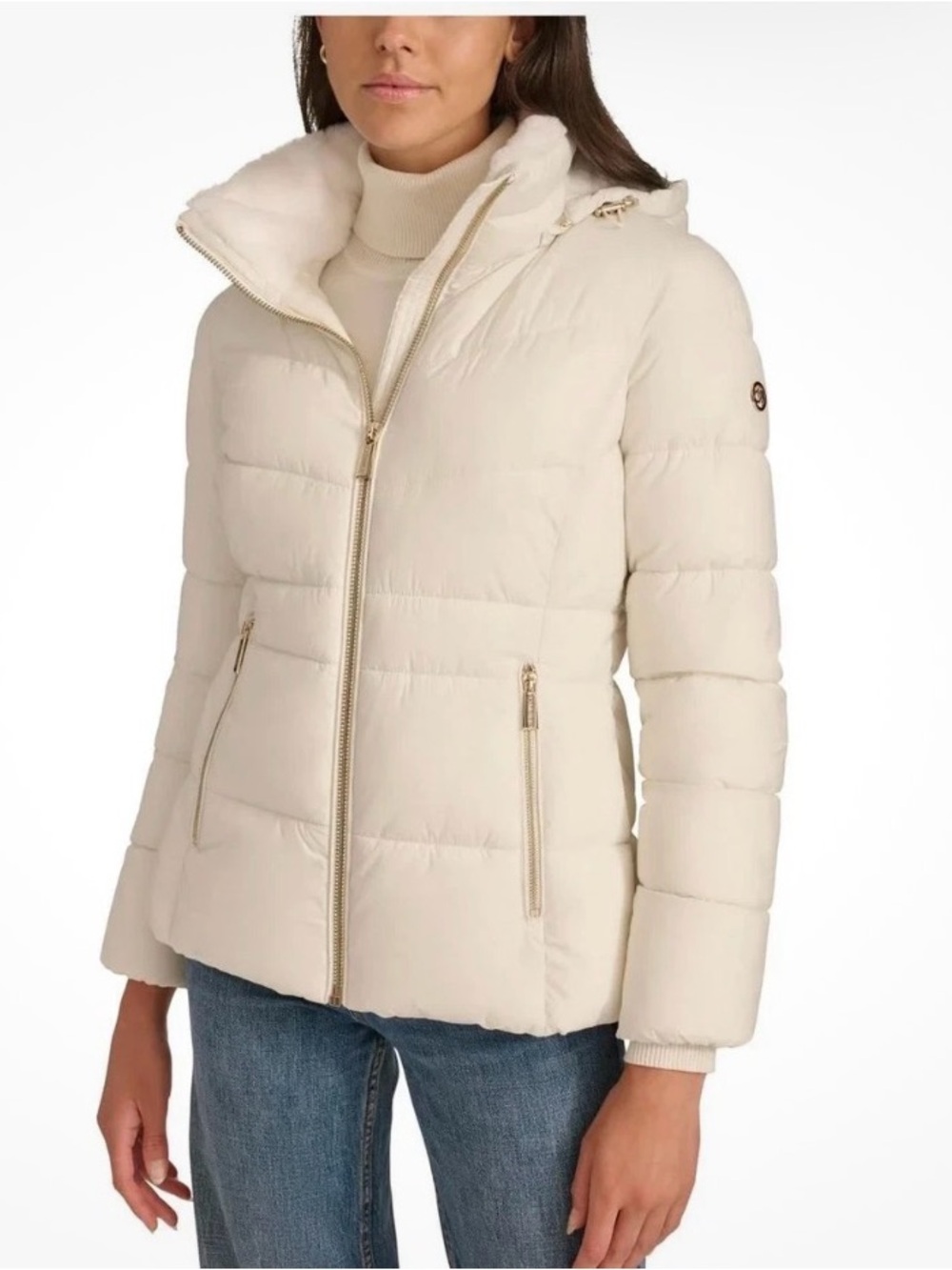 NWT Calvin Klein Puffer Coat Women's XL Eggshell Faux Fur Hood Winter